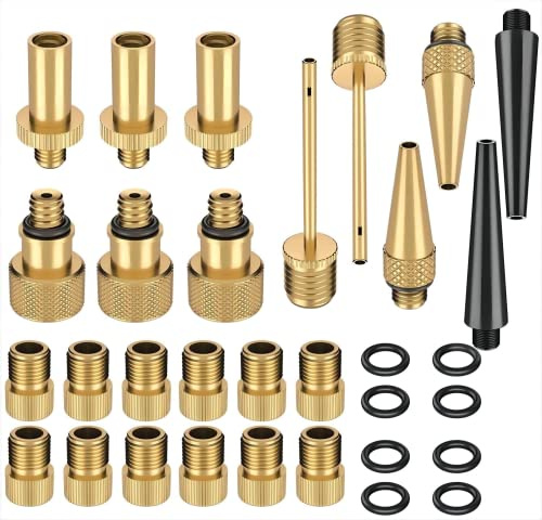 32PCS Premium Brass Valve Adapter, Bike Tire Valve Adapters, Ball Pump Needle, Adapters Kit as Inflation Devices and Accessories fit for Standard Pump or Air Compressor（Brass-32Pcs ）