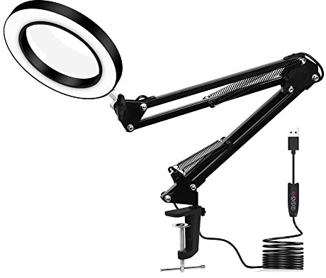 zalati Förstoringsskrivbordslampa med klämma, 5x förstoring, 10 ljusstyrkor, dimbar förstoringsglas, LED-lampa, 43 cm/17 tum justerbar svängbar arm för inomhushantverk