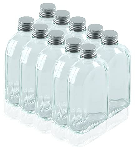 ZENO 250ml Glass Flask Bottles with Screw Tops - 10 Pack | Reusable Twist-Off Lids | Airtight Glass Bottle for Home | Great for Gin, Liqueur, Schnapps, Wine, Cider, Soda, Vodka