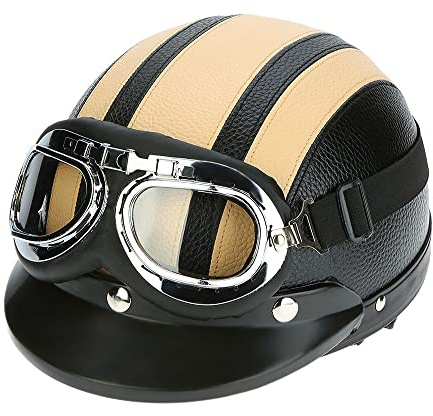 Shkalacar Moto Scooter Open Face Demi Casque de Cuir avec visière UV Lunettes Retro Vintage Style 54-60cm