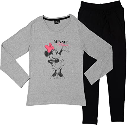 Pijama de Minnie Mouse de Disney para mujer, conjunto de pijama de manga larga, parte superior con pantalón, color gris/negro, Gris y negro., L