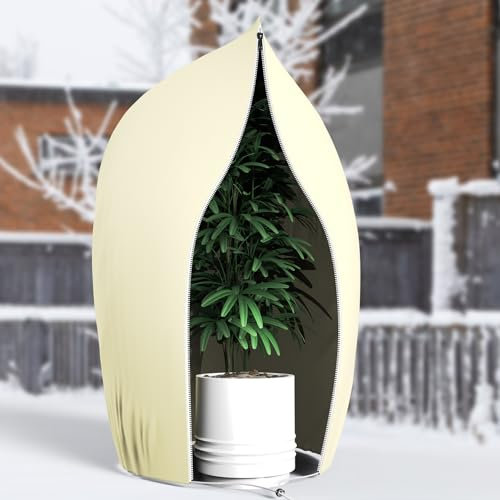 Yomisee Winterschutz für Pflanzen Außen 2 Stück, 120 x 180 cm Frostschutz Pflanzen mit Reißverschluss & Zugband Winterschutzvlies Pflanzenschutz Winter für Baum Palmen Balkonpflanzen haube Beige