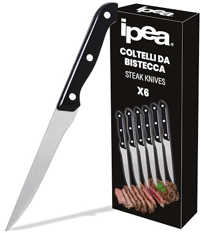 IPEA Olivia Coltelli da Tavola per Bistecca e Carne - Set da 6 pezzi - Lama Liscia in Acciaio Inox lunghezza 22 cm
