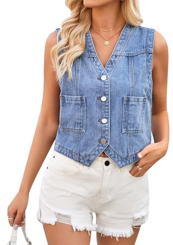 MINTLIMIT Women's Denim Vest Sleeveless V Neck Button Down Jean Waistcoat Jackets Y2K Vintage Jean Jacket Crop Top