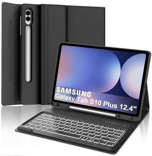 Tangentbord för Samsung Galaxy Tab S10+/S9FE+/S9+, fodral, tangentbord kompatibelt med Samsung Tab S9/S9FE/S10 Plus 12,4 tum 2023/2024, 7-färgad belysning, Bluetooth, magnetisk QWERTZ-layout