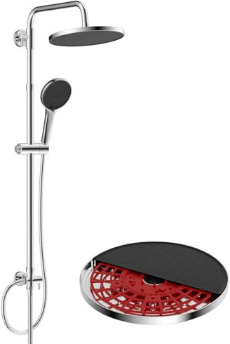 Hibbent Duschsystem mit Selbstreinigung, 25x25cm Runder Brause, Edelstahlschlauch, Duschkopf & Handbrause，Chrom