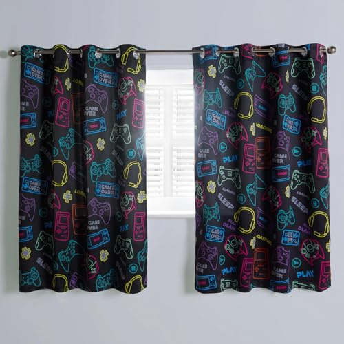 OHS Gaming Curtains, Blackout Eyelet Curtains for Boys Bedroom Kids Decorative Home Accessories Two Panel Curtain Energy Saving Light Blocking - Black, 46 x 54