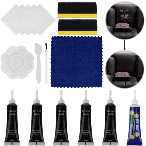 TAIHOBO 6PCS Faux Leather Repair Kit, Black Leather Filler, 20ml Leather Colour Restorer, Waterproof and Durable, for Jackets Sofas Car Seats Bags Shoes and Cat Scratch Repair