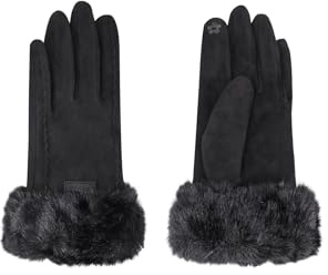 QUEEN HELENA Guanti Invernali Scamosciati con Pelo Morbido Caldi Eleganti Donna G03-2 (Nero)