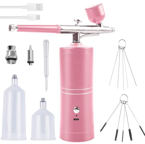 Kit de Aerógrafo con Compresor, Compresor de Aerógrafo, Kit de Aerógrafo Recargable Air Brush Pistola de Aerógrafo Portátil Cepillo de Aire para Maquillaje, Arte de Uñas, Decoración de Pastel Rosa