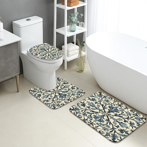 Set di 3 tappetini da bagno in stile barocco, eleganti motivi con foglie blu, assorbenti, antiscivolo, a forma di U, lavabili, vintage floreale, ad asciugatura rapida, in memory foam, set di tappeti