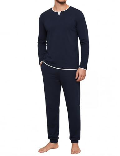 Jahetuul Pyjama Homme en Coton 2 Pièces avec Pantalon Col Rond Uni | Coton doux, col rond, uni pour la nuit, la détente et les moments à la maison.