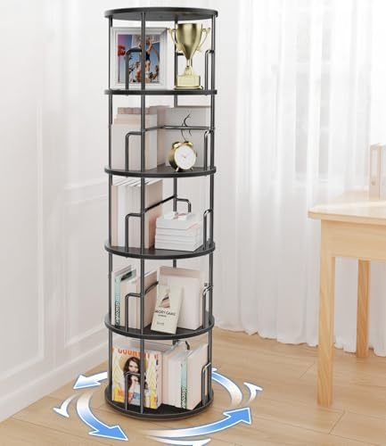 iPalamila Drehbares bücherregal 5 Ebenen,360°bücherregal drehbar Verstellbare Ebenen,Rotating Bookshelf Moderne Holzregal mit - Platzsparendes Bücherregal for Living Room, Bedroom, Study (Schwarz)