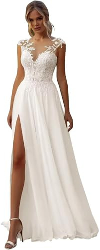 HAIBFJIN Abito da sposa da donna con pizzo, lungo, bohémien, spiaggia, con fessura, elegante linea ad A, abito da sposa, Avorio-a, 42
