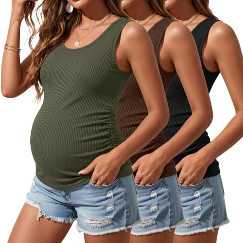 Riyiper Paquete de 3 Camisetas sin Mangas para Mujer Embarazada, de algodón, con Laterales de Punto Acanalado y Fruncido