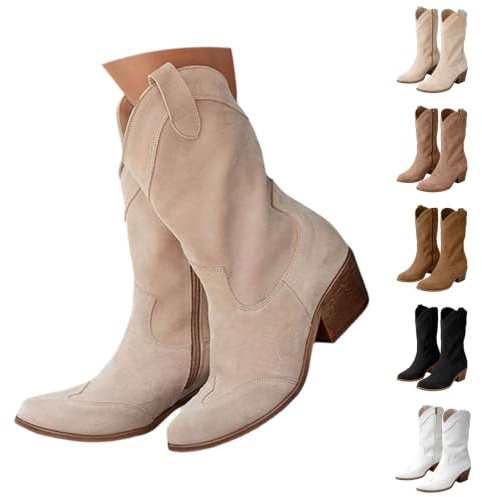 Cowboy Boots for Women Mid Calf Wide Fit Suede Ankle Boots Pointed Toe Low Heel Booties Slip On Mid Calf Booties With Buckle Comfortable Walking Shoes