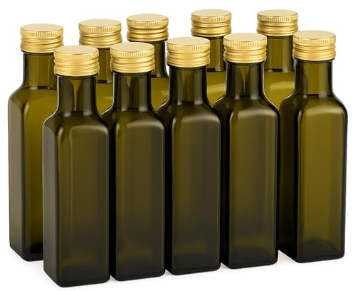 gouveo 10er Set Glasflasche 250 ml (0,25 l) Maraska dunkelgrün eckig im Maraska-Design, zum Abfüllen & Aufbewahren von Likör, Saft, Sirup, Öl, Essig, Schraubverschluss goldfarben PP 31,5 (MFEA250G)