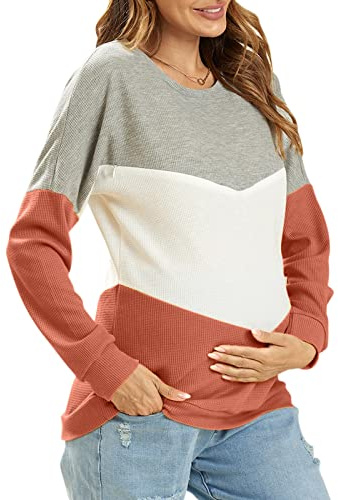 IFFEI Women's Maternity Nursing Tops Breastfeeding Tank Shirt Long Sleeve Nursing Clothes, Dark Orange, M