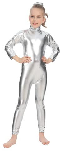 Bodies de Danza Brillante para Ballet, Mono de Manga Larga con Cremallera, Leotardo Body Nude para Gimnasia Deportiva Rítmica, Jumpsuit Niña Elástico Bailarina Yoga 1-12 años (10-12 años, Plateado)