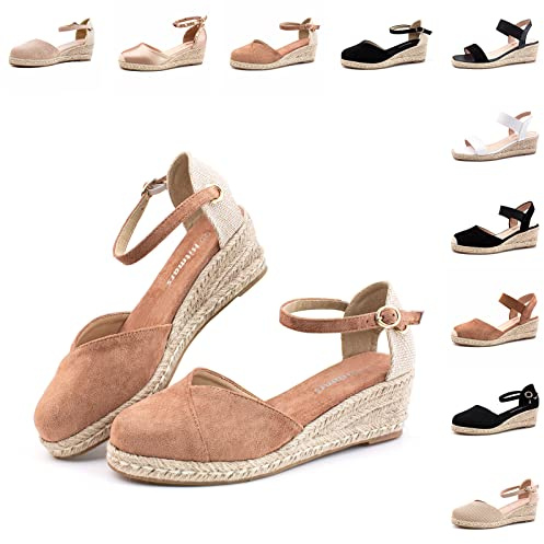 Hitmars Sandalias Alpargatas Cuña Mujer Zapatos Esparto Correa de Tobillo Cerradas Espadrilles Plataforma Boda 6 CM 1 Caqui Talla 41 EU