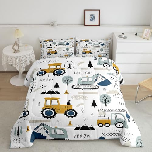 Feelyou Cartoon Car Kids Comforter Set Construction Bedding Set for Boys Toddler Decor Equipment Trucks Comforter Cartoon Car Excavator Tractor White Yellow Duvet Set 2Pcs Twin with 1 Pillow Case
