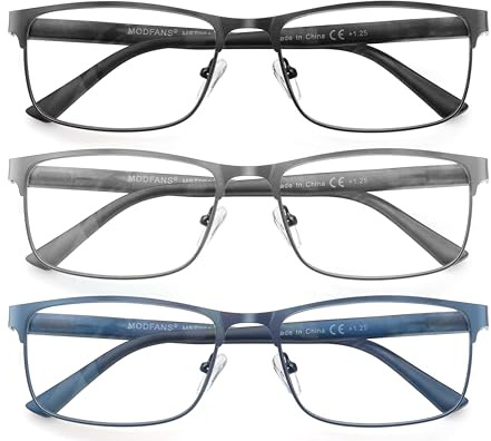 MODFANS Un Pack de 3 Gafas de Lectura Hombres Anti Luz Azul,Rectangular Metal Acero Inoxidable - Lente Clara,Vision Clara - Ligeras Comodas,Colores Mezclados