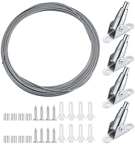 10M Stainless Steel Wire Rope Kit, 2mm Shower Curtain Wire Rope Kit, Adjustable Picture Hanging Wire Garden Wire Cable Rope Kit for Hanging Lights Climbing Plants, with Mounting Brackets, Screws
