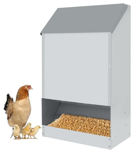 Aufun Comedero automático para Pollos, comedero automático para Pollos, Gran Capacidad de 22,5 kg, comedero para Aves de Metal Galvanizado montado en la Pared con Tapa