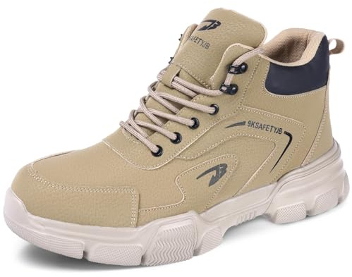 OFFCUP Botas de Seguridad, Botas de Montaña para Hombres Mujeres, Botas de Trabajo Antideslizantes Universal, Cima Mas Alta Antipinchazos Ligero Comodos Zapatos de Seguridad Caqui (40 EU)