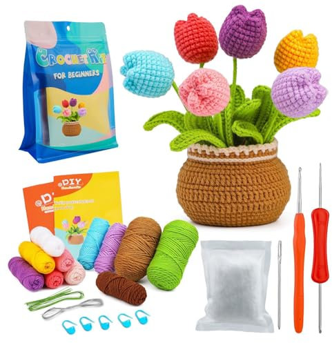 Mecmbj Häkelanfänger-Set, gehäkelte Tulpe, Blumenvasen-Ornament für Damen, Häkelnadel für Anfänger für Erwachsene mit Schritt-Videoanleitung (Tulpen)