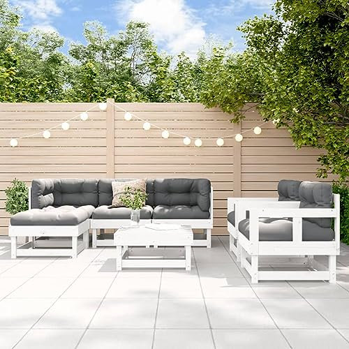 QZZCED Gartenmöbel-Sets Balkonmöbel-Set Garten-Loungemöbel Terrassengarnitur 7-TLG. Garten-Lounge-Set mit Kissen Weiß Massivholz für Garten, Terrasse und Balkon