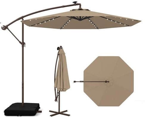 COSTWAY Parasol Déporté 3 x 3M, Grand Parasol de Jardin Extérieur Lumineux Solaire avec 2 Sacs de Sable, Base Croisée, Parasol Inclinable avec Manivelle, pour Balcon, Jardin, Terrasse Plage(Brun)