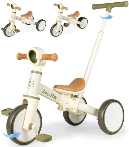 LOL-FUN Kids Tricycle with Removable Pedals, 5-in-1 Toddler Balance Bike with Parent Steering Push Handle, Baby Trike for Boys Girls Present Age 10 Month+