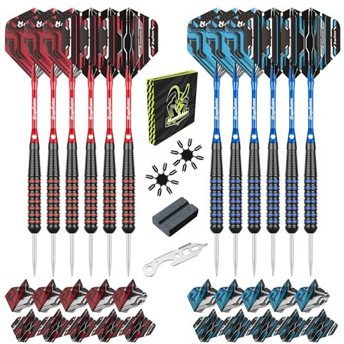 MageRabbit Dartpfeile mit Metallspitze 12pcs,22g Schwere SteelDarts mit 12 Dart-Schäfte + 24 Dart-Flights + Dart-Werkzeuge, Stahl-Dart-Set, professionelle Dartpfeile (Rot und Schwarz)