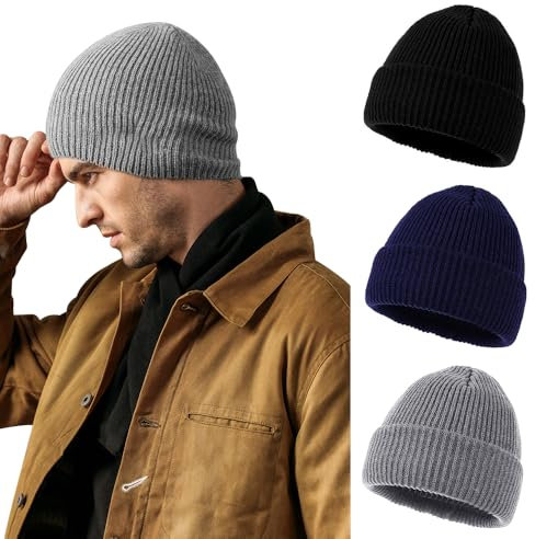 LPAMABA 3PCS Mütze Herren Winter, Wintermütze Strickmütze Trawler Mütze Beanie Hat Warme Warme Laufmütze Rollup Edge Schädeldecke Fisherman Hut Unisex Cuffed Hats Weich & Warm, 3 Farben