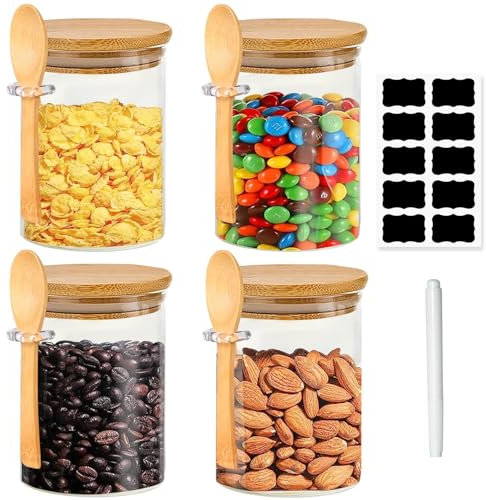 Lot de 4 Bocaux en Verre Hermétiques avec Couvercle et Cuillère – 540ML | Pots de Conservation Cuisine pour Café, Thé, Sucre, Épices, Bonbons, Herbes, Céréales – Idéal pour Overnight Oats