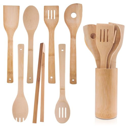 Rongxze 7 Piezas Utensilios de Cocina Madera, Incluye Colador, Cuchara de Madera, Espátula, Cuchara para Ensalada, Pinzas y Barriles, Resistente al Calor y Arañazos
