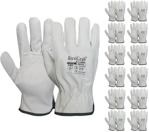 Ruvigrab - Pack 12 paires - Gant de travail en cuir pour hommes et femmes, gants de jardin et de construction