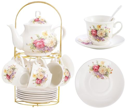 20-Pieces Porcelain Tea Sets For Women, Tea Set For Adult with Golden Metal Rack,Tea Gift Sets for Home&Party(012)