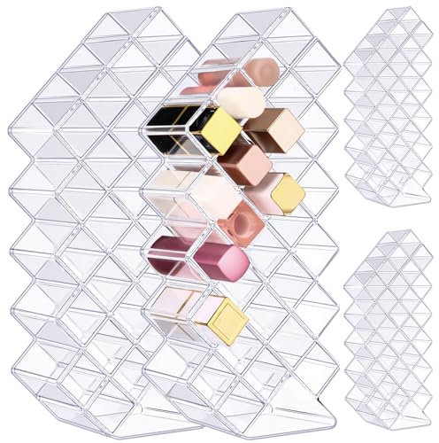 Hoolerry 4 Pack Acrylic Lipstick Holder Organizer 112 Slots Clear Lip Gloss Holder Organizers Stackable Lipsticks Tower Lipstick Case Display Stand Storage Box for Makeup Cosmetic Vanity (Trapezoid)