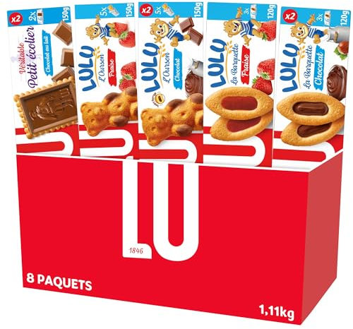 LU - La Boîte LU - Assortiment de 8 Paquets : Petit Ecolier x2, L'Ourson Fraise x1, L'Ourson Chocolat x2, Barquette Fraise x1, Barquette Chocolat Noisettes x2 - Lot de 1,11kg