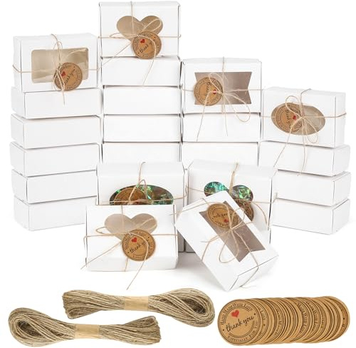 dsDAEDK 28 vita kraftpapperskassar, 4 typer av kartongskassar med lock, hopfällbar kassa med etiketter och rep, chokladkassar för att fylla på smycken, muffins, godis (9 x 6 x 3 cm)