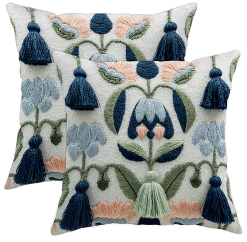 Juego de 2 fundas de almohada bordadas con flores, azul marino y verde claro, fundas de cojín con borlas, decoración cuadrada para el hogar, sofá, cama, 28 x 28 pulgadas