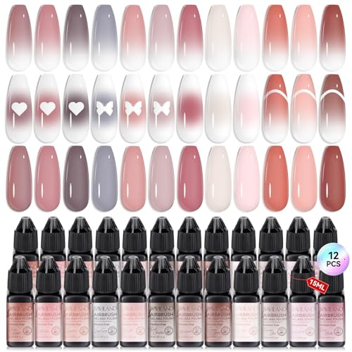 Saviland Utspädningsbart Airbrush Gel Nagellack Set: 12 delar Cappuccino Color nagellacksgel för airbrushing, icke-igensättande airbrushfärg för naglar, heltäckande för ombre nagelsalonger