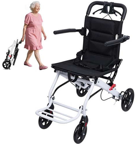 Tifemap Silla de Ruedas Plegable Ligera (8kg), Silla Ruedas de Transporte Estrecha, Acero Al carbono Con Asiento Ancho de 40 Cm Y Freno De Mano, Apoyo 90kg (Blanco Negro - Aluminio)