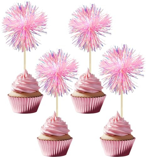 30 Pezzi Decorazioni per Cupcake Rosa, Cupcake Topper Fuochi d’Artificio in Tinsel, Decorazioni per Torte Festa di Compleanno, Wedding Party, Decorazione per Torte Rosa per Feste a Tema, Dessert Table