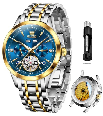 OLEVS Self Winding Watches for Man Classical Tourbillon Mechanical Watch Stainless Steel Waterproof Moon Phase Luxury Two Tone Mens Watch Blue