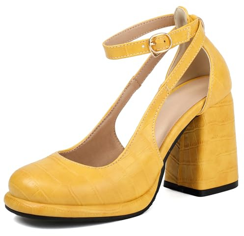 Bviennic Donna Pumps Tacco Alto a Cono Eleganti Punta Rotonda Fibbia Stivali da Festa 1190 Giallo Numero 35 EU