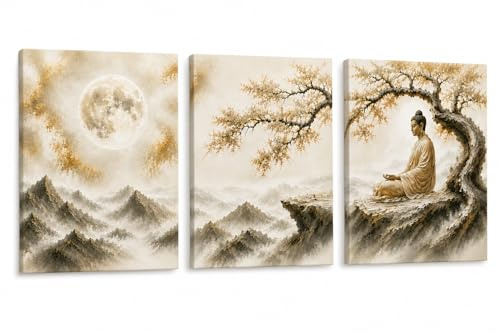 Genérico Cuadros Zen Buda Tríptico 25x60 cm – Set de 3 Lienzos de Algodón sobre Bastidor de Madera | Decoración Japandi Beige para Salón, Dormitorio, Sala Yoga, Meditación