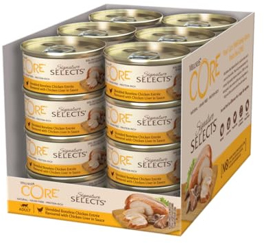 Wellness CORE Signature Selects 24 x 79g, Poulet/Foie de Poulet – Effilochés en Sauce pour Chats Adultes, sans Céréales, Naturelles, Hypoallergénique, Riche en protéines, À Haute Teneur en Viande,
